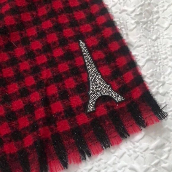 Karl Lagerfeld Crimson & Black Plaid Rectangular Scarf Eiffel Tower Patch NWT - Picture 4 of 16